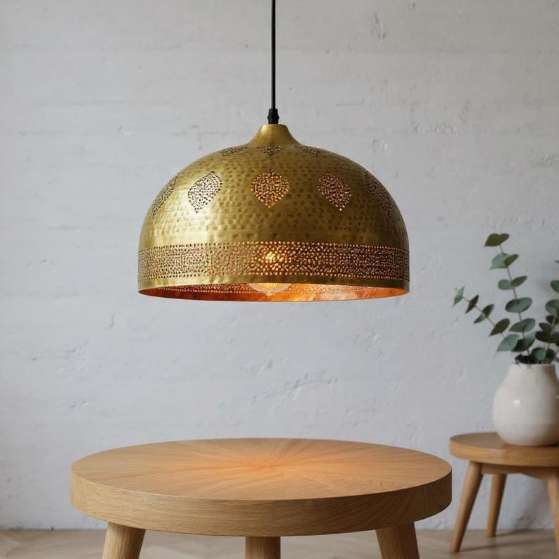 Pierced Brass Dome Pendant Light, Handmade Moroccan Gold Brass Chandelier, Hammered Kitchen Island Hanging Lamp, Rustic Boho Farmhouse Ceiling Light Fixture