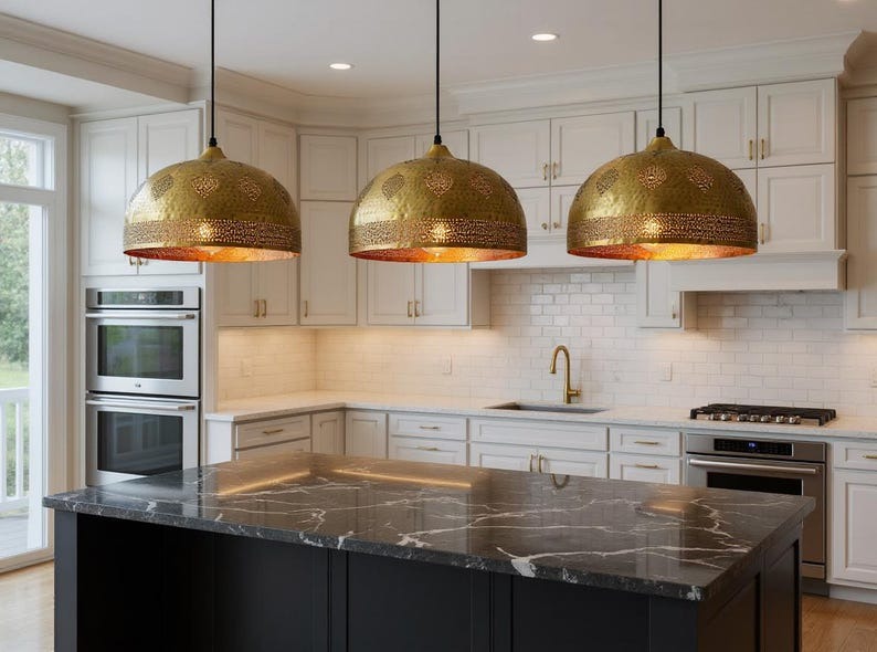 Pierced Brass Dome Pendant Light, Handmade Moroccan Gold Brass Chandelier, Hammered Kitchen Island Hanging Lamp, Rustic Boho Farmhouse Ceiling Light Fixture