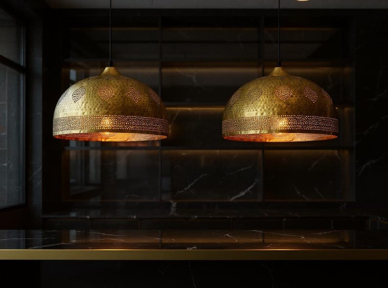 Pierced Brass Dome Pendant Light, Handmade Moroccan Gold Brass Chandelier, Hammered Kitchen Island Hanging Lamp, Rustic Boho Farmhouse Ceiling Light Fixture
