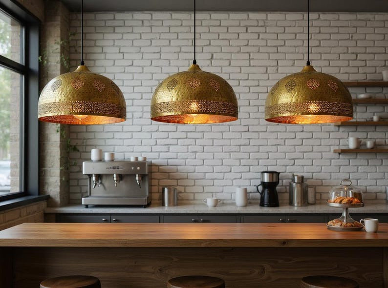 Pierced Brass Dome Pendant Light, Handmade Moroccan Gold Brass Chandelier, Hammered Kitchen Island Hanging Lamp, Rustic Boho Farmhouse Ceiling Light Fixture
