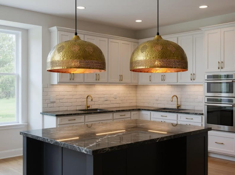 Pierced Brass Dome Pendant Light, Handmade Moroccan Gold Brass Chandelier, Hammered Kitchen Island Hanging Lamp, Rustic Boho Farmhouse Ceiling Light Fixture
