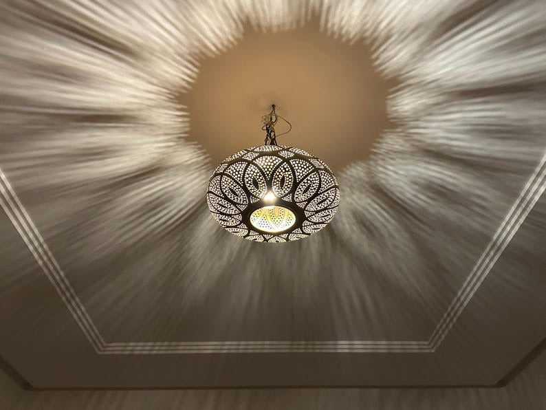 Handmade Moroccan Brass Pendant Light – Pierced Floral Dome Ceiling Lamp, Arabesque Shadow Casting Lantern, Boho Moorish Hanging Light