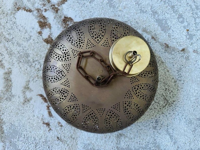 Handmade Moroccan Brass Pendant Light – Pierced Floral Dome Ceiling Lamp, Arabesque Shadow Casting Lantern, Boho Moorish Hanging Light