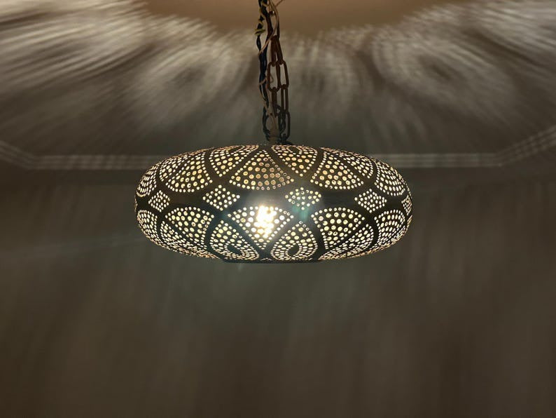 Handmade Moroccan Brass Pendant Light – Pierced Floral Dome Ceiling Lamp, Arabesque Shadow Casting Lantern, Boho Moorish Hanging Light