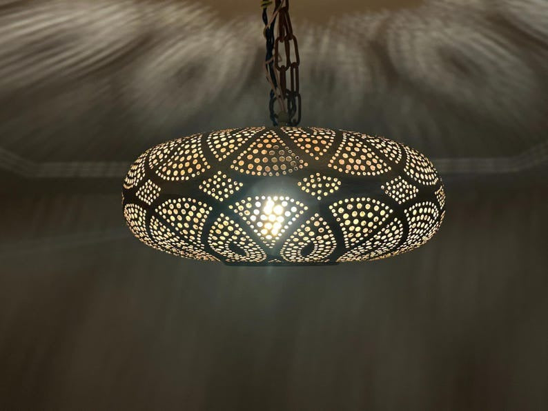 Handmade Moroccan Brass Pendant Light – Pierced Floral Dome Ceiling Lamp, Arabesque Shadow Casting Lantern, Boho Moorish Hanging Light