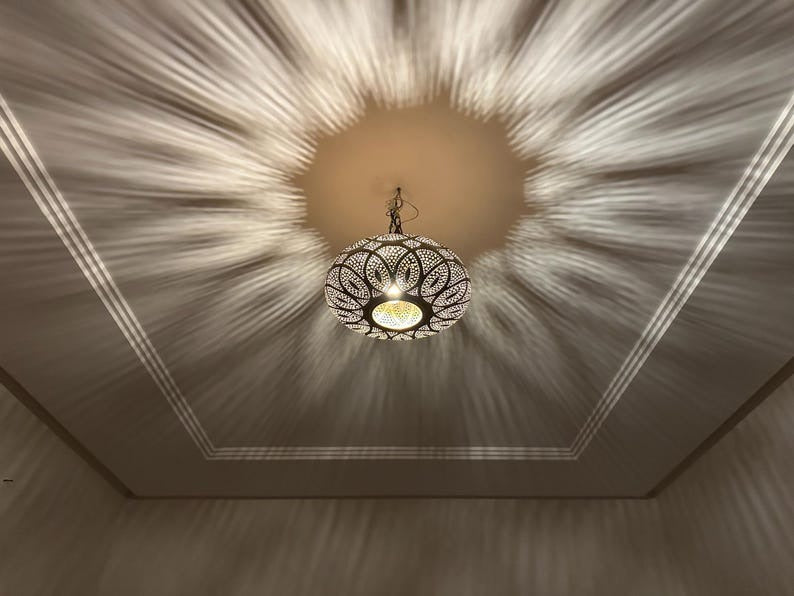 Handmade Moroccan Brass Pendant Light – Pierced Floral Dome Ceiling Lamp, Arabesque Shadow Casting Lantern, Boho Moorish Hanging Light