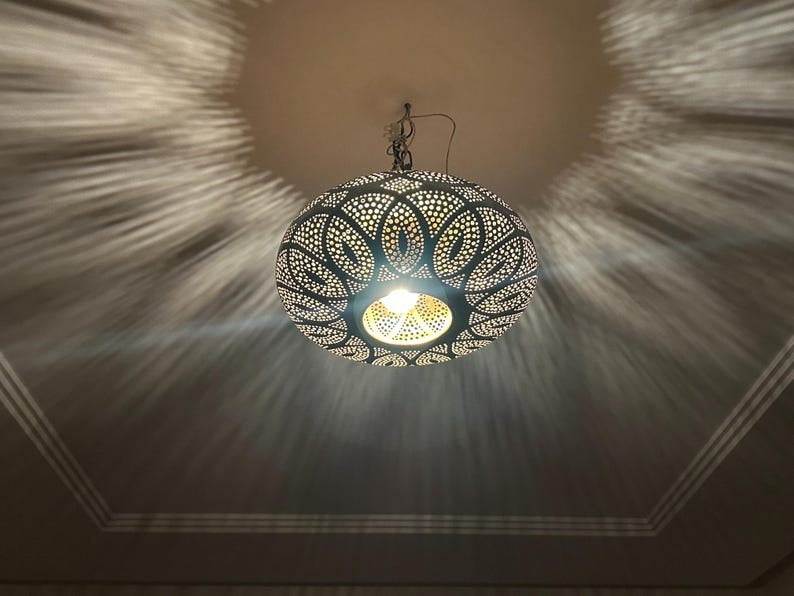 Handmade Moroccan Brass Pendant Light – Pierced Floral Dome Ceiling Lamp, Arabesque Shadow Casting Lantern, Boho Moorish Hanging Light
