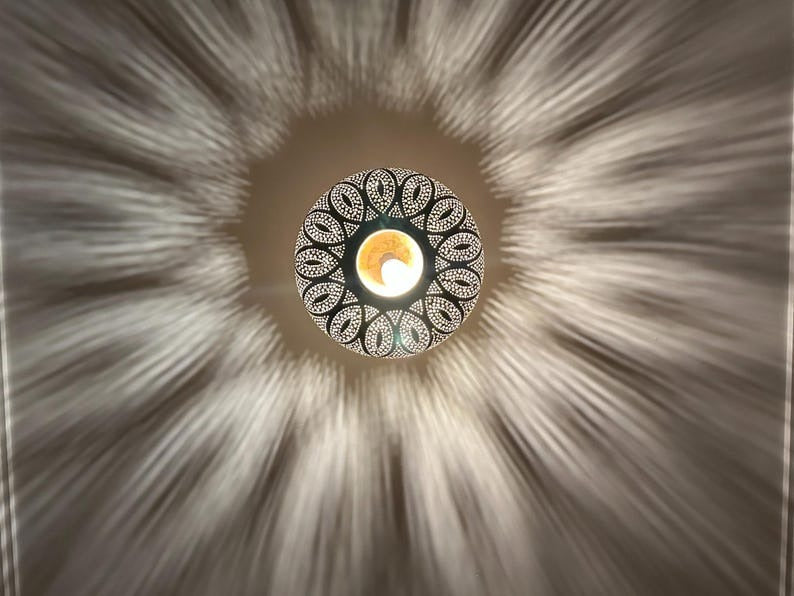 Handmade Moroccan Brass Pendant Light – Pierced Floral Dome Ceiling Lamp, Arabesque Shadow Casting Lantern, Boho Moorish Hanging Light