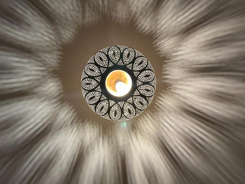Handmade Moroccan Brass Pendant Light – Pierced Floral Dome Ceiling Lamp, Arabesque Shadow Casting Lantern, Boho Moorish Hanging Light
