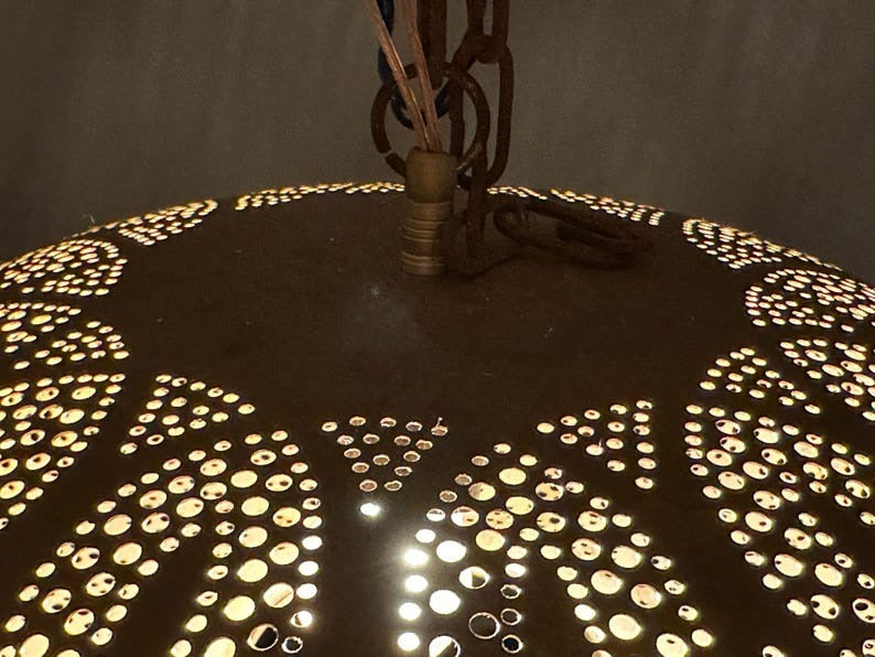 Handmade Moroccan Brass Pendant Light – Pierced Floral Dome Ceiling Lamp, Arabesque Shadow Casting Lantern, Boho Moorish Hanging Light