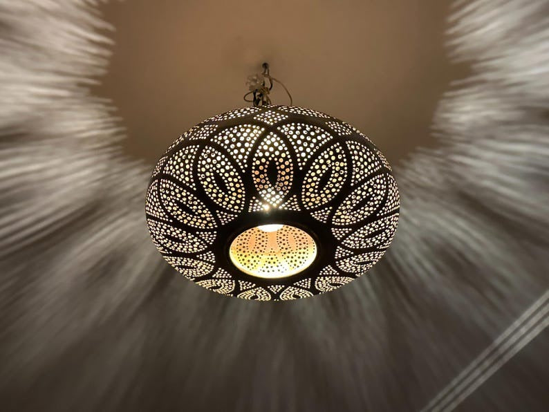 Handmade Moroccan Brass Pendant Light – Pierced Floral Dome Ceiling Lamp, Arabesque Shadow Casting Lantern, Boho Moorish Hanging Light