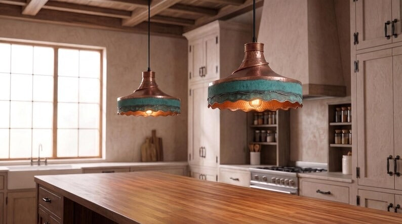 Handmade Moroccan Brass Pendant Light – Hammered Copper Ceiling Lamp with Verdigris Green Patina, Wavy Scalloped Edge & Artisan Dome Design