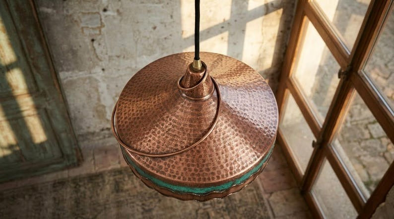 Hammered Copper & Verdigris Brass Pendant Light – Moroccan Scalloped Dome Kitchen Island Chandelier