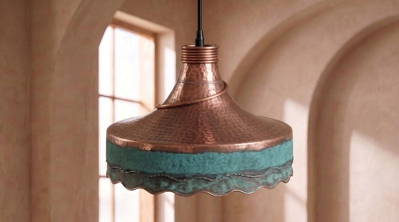 Handmade Moroccan Brass Pendant Light – Hammered Copper Ceiling Lamp with Verdigris Green Patina, Wavy Scalloped Edge & Artisan Dome Design