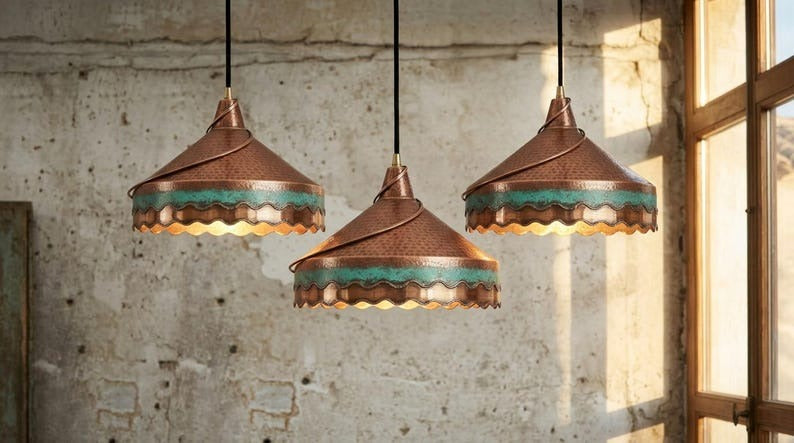 Hammered Copper & Verdigris Brass Pendant Light – Moroccan Scalloped Dome Kitchen Island Chandelier