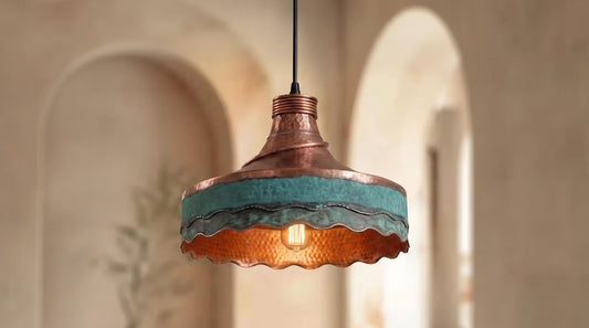 Handmade Moroccan Brass Pendant Light – Hammered Copper Ceiling Lamp with Verdigris Green Patina, Wavy Scalloped Edge & Artisan Dome Design