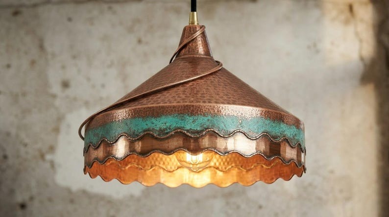 Hammered Copper & Verdigris Brass Pendant Light – Moroccan Scalloped Dome Kitchen Island Chandelier