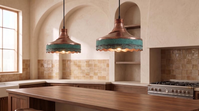 Handmade Moroccan Brass Pendant Light – Hammered Copper Ceiling Lamp with Verdigris Green Patina, Wavy Scalloped Edge & Artisan Dome Design