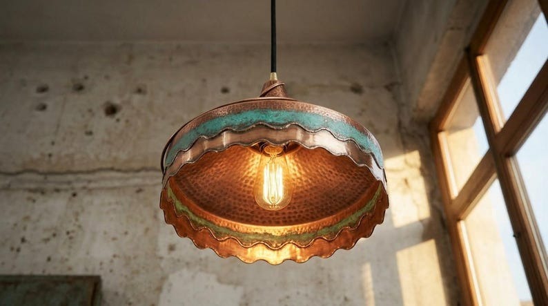 Hammered Copper & Verdigris Brass Pendant Light – Moroccan Scalloped Dome Kitchen Island Chandelier