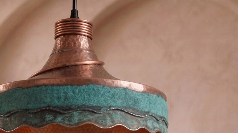 Handmade Moroccan Brass Pendant Light – Hammered Copper Ceiling Lamp with Verdigris Green Patina, Wavy Scalloped Edge & Artisan Dome Design