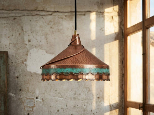 Hammered Copper & Verdigris Brass Pendant Light – Moroccan Scalloped Dome Kitchen Island Chandelier