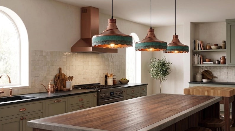 Handmade Moroccan Brass Pendant Light – Hammered Copper Ceiling Lamp with Verdigris Green Patina, Wavy Scalloped Edge & Artisan Dome Design