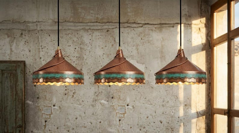Hammered Copper & Verdigris Brass Pendant Light – Moroccan Scalloped Dome Kitchen Island Chandelier