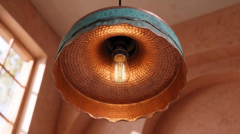 Handmade Moroccan Brass Pendant Light – Hammered Copper Ceiling Lamp with Verdigris Green Patina, Wavy Scalloped Edge & Artisan Dome Design