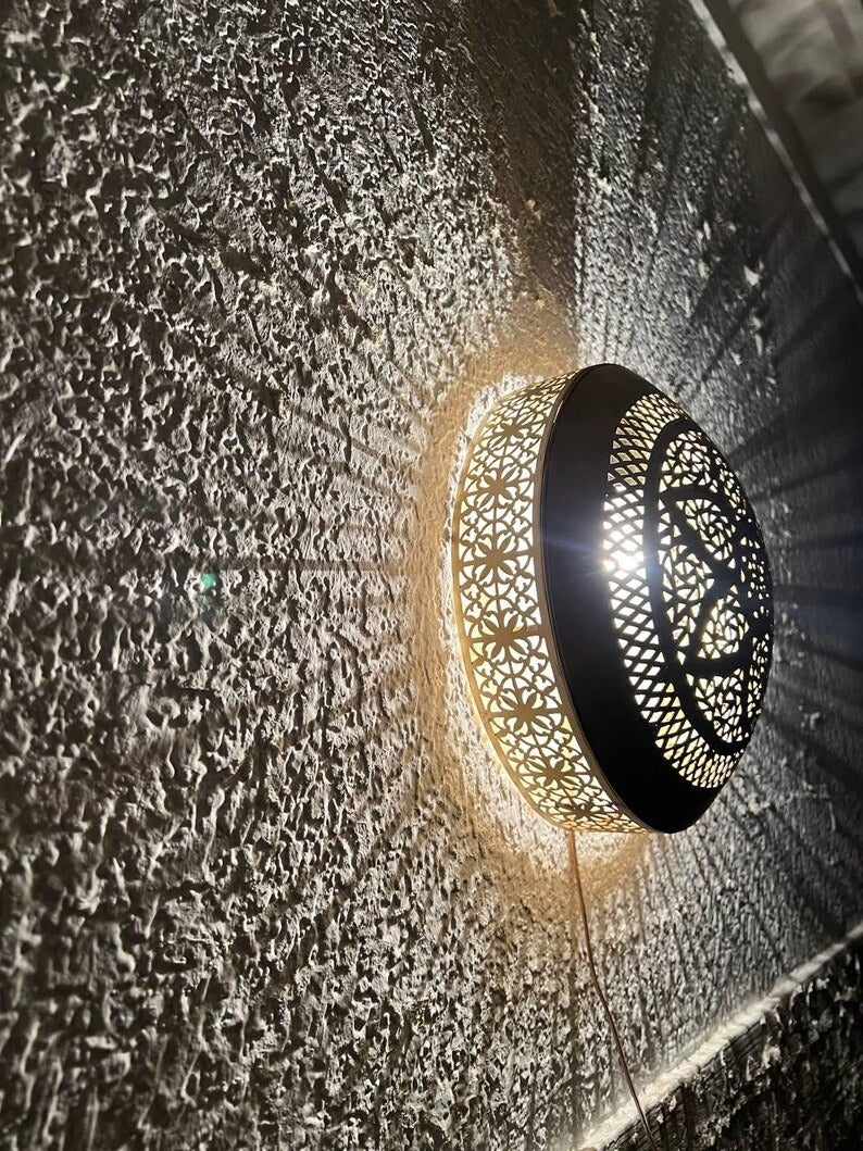 Handmade Moroccan Brass Wall Sconce – Round Black Mandala Cutout Light with Geometric Pattern for Boho Wall Décor, Bedroom, Hallway & Living Room
