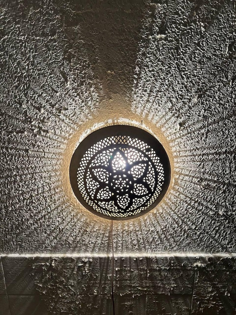 Handmade Moroccan Brass Wall Sconce – Round Black Mandala Cutout Light with Geometric Pattern for Boho Wall Décor, Bedroom, Hallway & Living Room