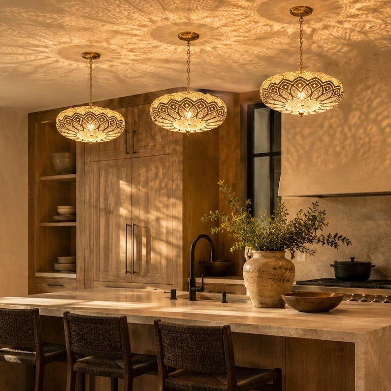 Moroccan Pierced Brass Lotus Pendant Light, Handmade Moorish Gold Hanging Chandelier, Boho Arabic Shadow Lamp, Luxury Filigree Ceiling Light Fixture