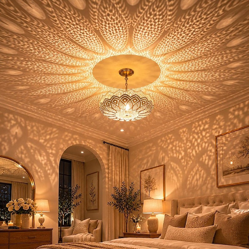Moroccan Pierced Brass Lotus Pendant Light, Handmade Moorish Gold Hanging Chandelier, Boho Arabic Shadow Lamp, Luxury Filigree Ceiling Light Fixture