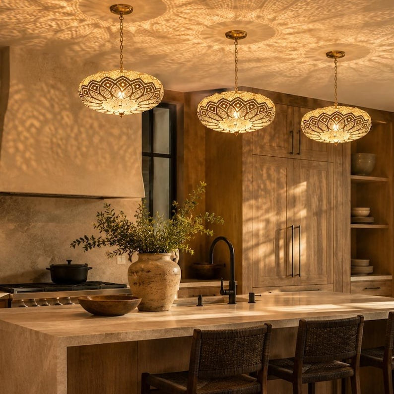 Moroccan Pierced Brass Lotus Pendant Light, Handmade Moorish Gold Hanging Chandelier, Boho Arabic Shadow Lamp, Luxury Filigree Ceiling Light Fixture