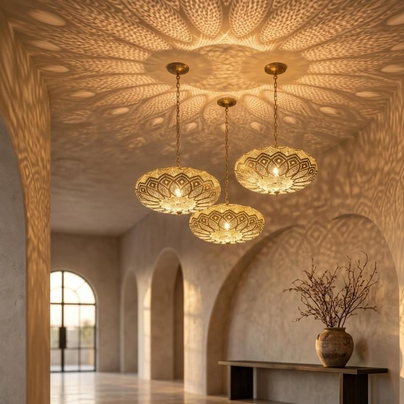Moroccan Pierced Brass Lotus Pendant Light, Handmade Moorish Gold Hanging Chandelier, Boho Arabic Shadow Lamp, Luxury Filigree Ceiling Light Fixture