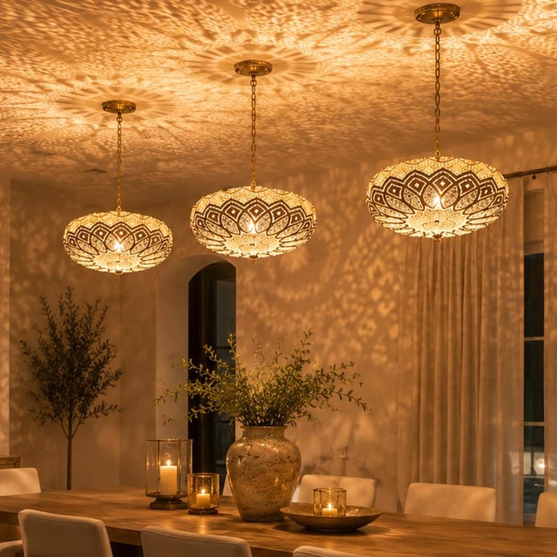 Moroccan Pierced Brass Lotus Pendant Light, Handmade Moorish Gold Hanging Chandelier, Boho Arabic Shadow Lamp, Luxury Filigree Ceiling Light Fixture
