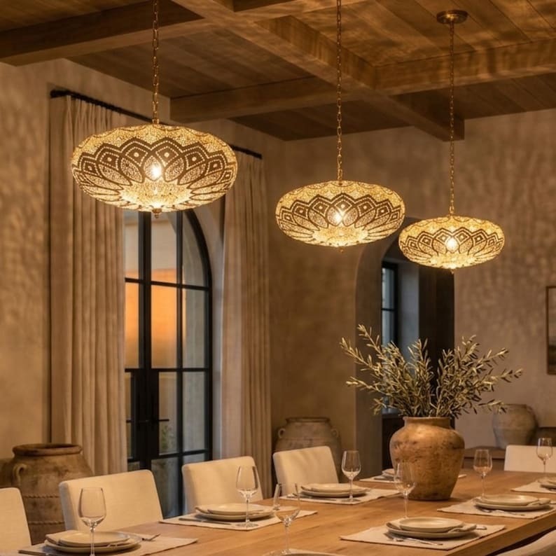 Moroccan Pierced Brass Lotus Pendant Light, Handmade Moorish Gold Hanging Chandelier, Boho Arabic Shadow Lamp, Luxury Filigree Ceiling Light Fixture