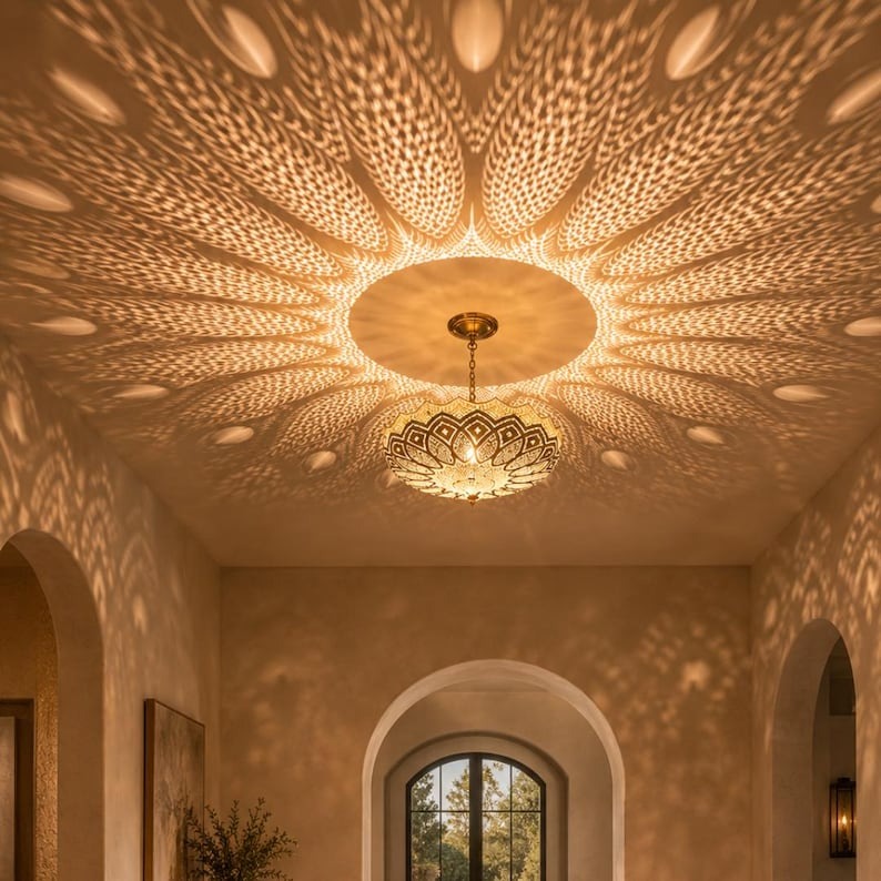 Moroccan Pierced Brass Lotus Pendant Light, Handmade Moorish Gold Hanging Chandelier, Boho Arabic Shadow Lamp, Luxury Filigree Ceiling Light Fixture