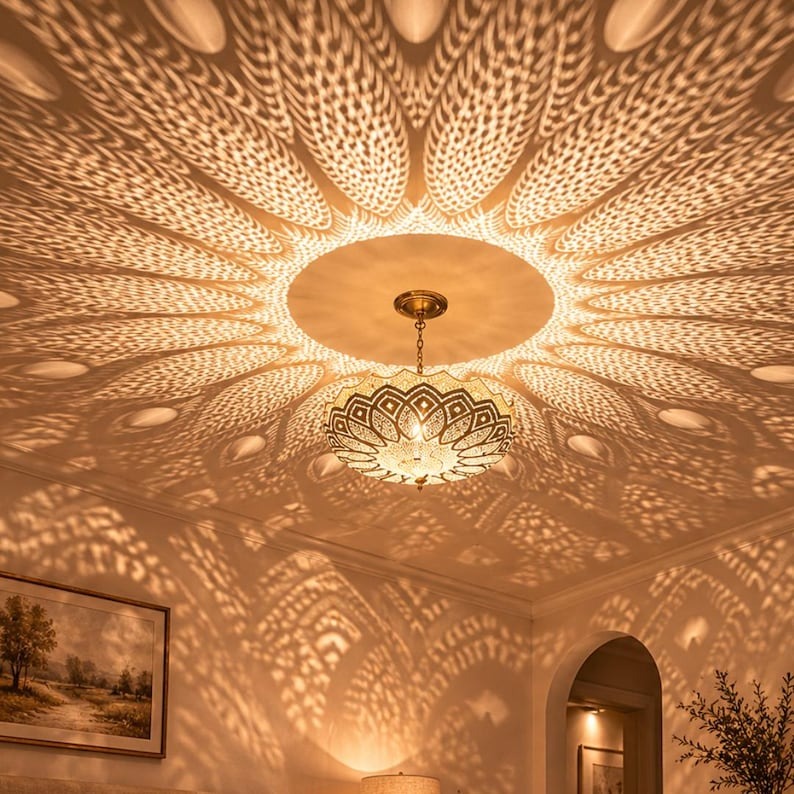 Moroccan Pierced Brass Lotus Pendant Light, Handmade Moorish Gold Hanging Chandelier, Boho Arabic Shadow Lamp, Luxury Filigree Ceiling Light Fixture