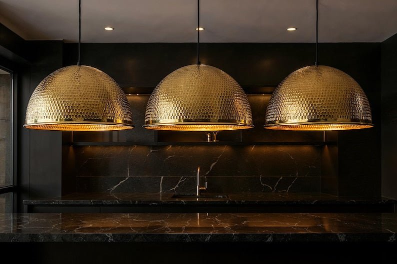 Large Hammered Brass Dome Pendant Light, Handmade Moroccan Gold Brass Kitchen Island Chandelier, Oversized Rustic Farmhouse Hanging Ceiling Light Fixture