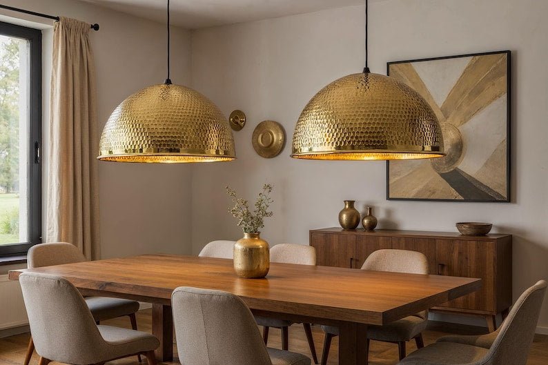 Large Hammered Brass Dome Pendant Light, Handmade Moroccan Gold Brass Kitchen Island Chandelier, Oversized Farmhouse Hanging Lamp, Rustic Boho Dining Room Ceiling Light Fixture