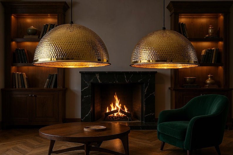 Large Hammered Brass Dome Pendant Light, Handmade Moroccan Gold Brass Kitchen Island Chandelier, Oversized Farmhouse Hanging Lamp, Rustic Boho Dining Room Ceiling Light Fixture