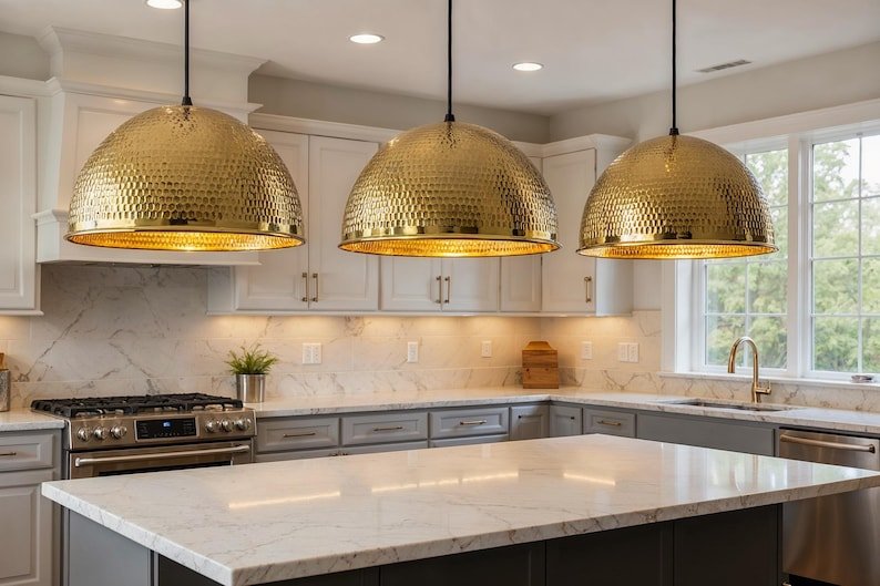 Large Hammered Brass Dome Pendant Light, Handmade Moroccan Gold Brass Kitchen Island Chandelier, Oversized Farmhouse Hanging Lamp, Rustic Boho Dining Room Ceiling Light Fixture