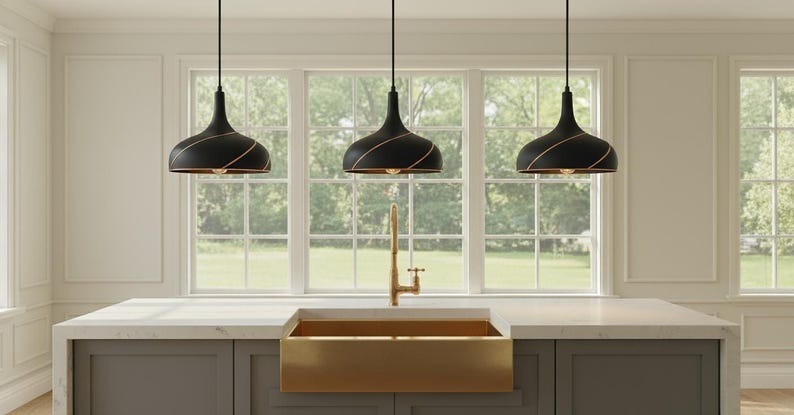 Modern Black Brass Pendant Light, Handmade Hammered Brass Hanging Lamp, Minimalist Kitchen Island Pendant, Contemporary Brass Ceiling Light Fixture, Luxury Dining Room Lighting