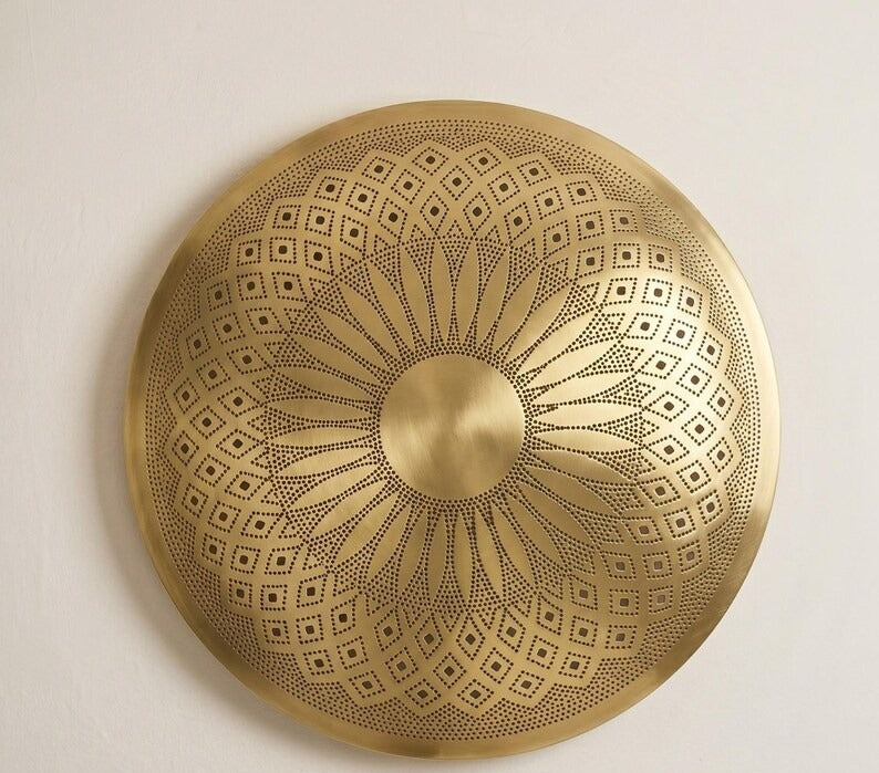 Handmade Moroccan Brass Round Wall Sconce – Pierced Sunburst Mandala Light with Geometric Diamond Patterns, Warm Golden Halo and Decorative Shadow Glow