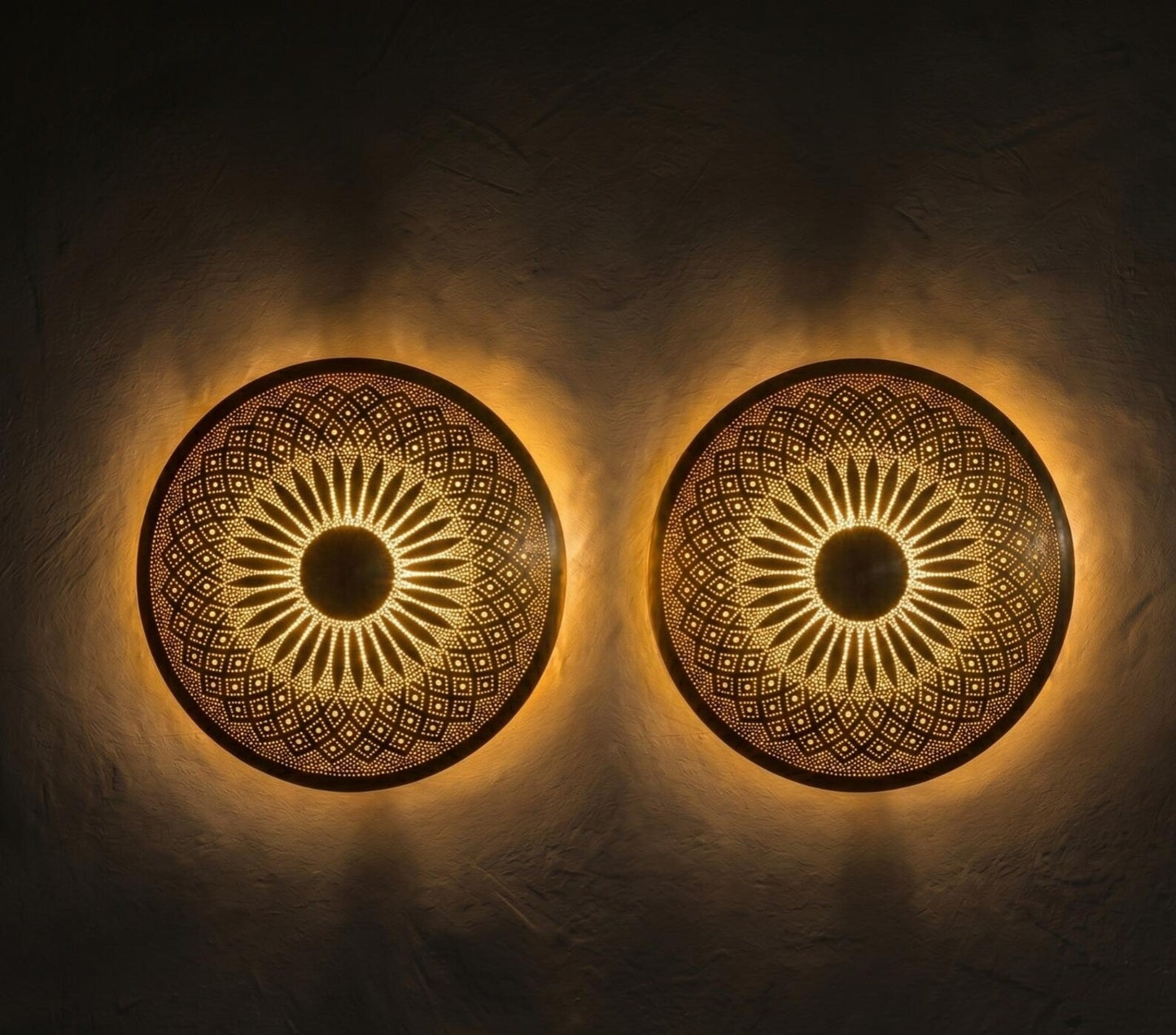 Handmade Moroccan Brass Round Wall Sconce – Pierced Sunburst Mandala Light with Geometric Diamond Patterns, Warm Golden Halo and Decorative Shadow Glow