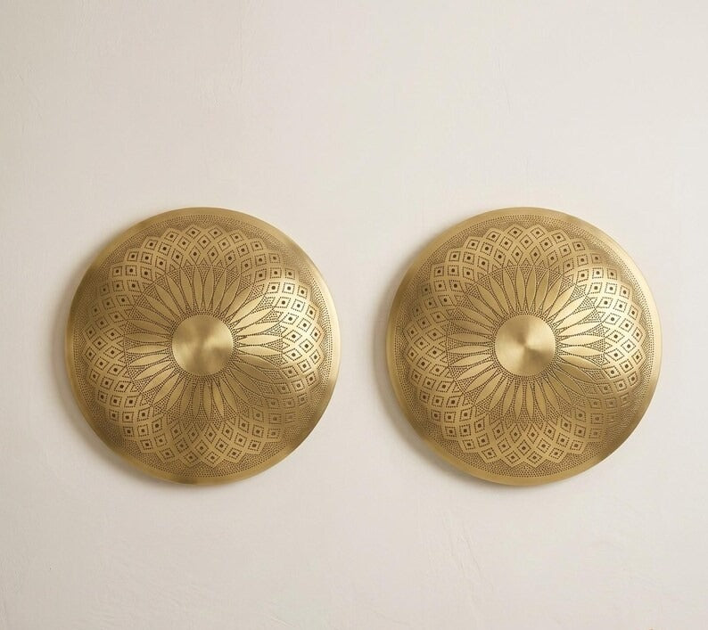 Handmade Moroccan Brass Round Wall Sconce – Pierced Sunburst Mandala Light with Geometric Diamond Patterns, Warm Golden Halo and Decorative Shadow Glow