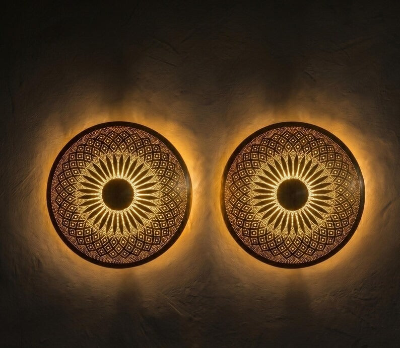Handmade Moroccan Brass Round Wall Sconce – Pierced Sunburst Mandala Light with Geometric Diamond Patterns, Warm Golden Halo and Decorative Shadow Glow