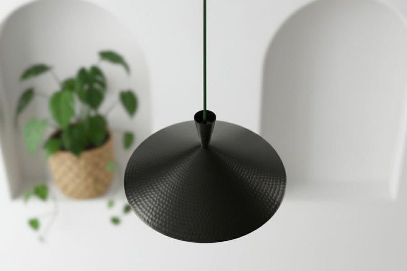 Handmade Moroccan Brass Cone Pendant Light – Matte Black Hammered Brass Hanging Lamp, Modern Minimalist Ceiling Light for Kitchen Island, Dining Room, Bedroom, Entryway & Living Room