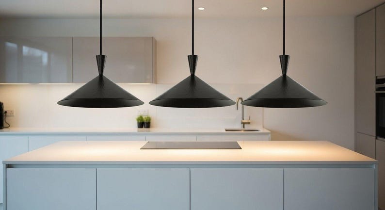 Handmade Moroccan Brass Cone Pendant Light – Matte Black Hammered Brass Hanging Lamp, Modern Minimalist Ceiling Light for Kitchen Island, Dining Room, Bedroom, Entryway & Living Room