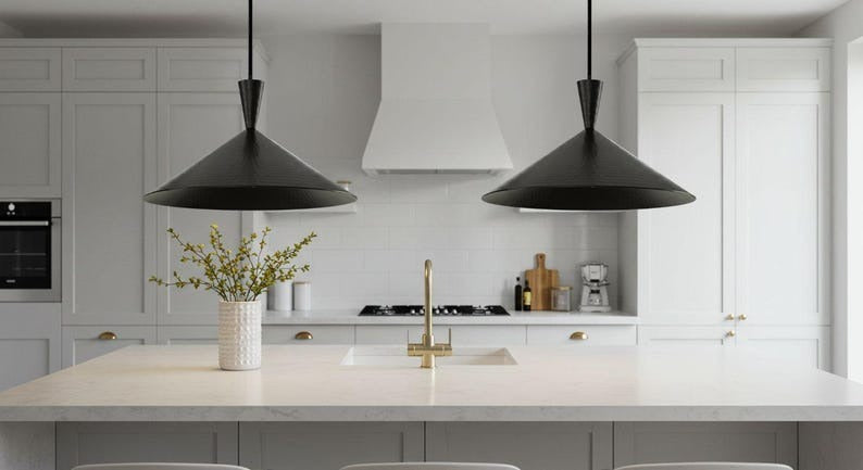 Handmade Moroccan Brass Cone Pendant Light – Matte Black Hammered Brass Hanging Lamp, Modern Minimalist Ceiling Light for Kitchen Island, Dining Room, Bedroom, Entryway & Living Room
